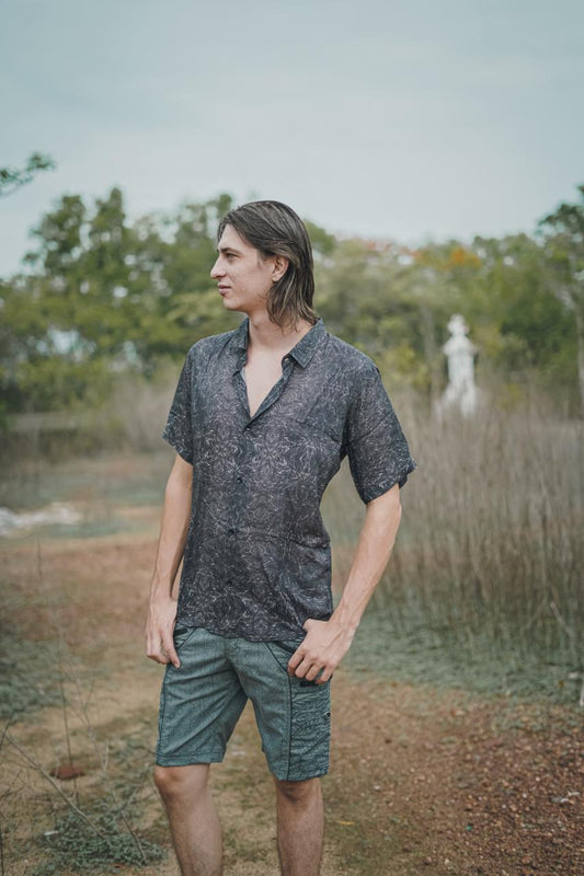 B/W AfterBurn – Bamboo Lightweight Summer Shirt for Men | Dark Floral Digital Print Art Wear Shirt