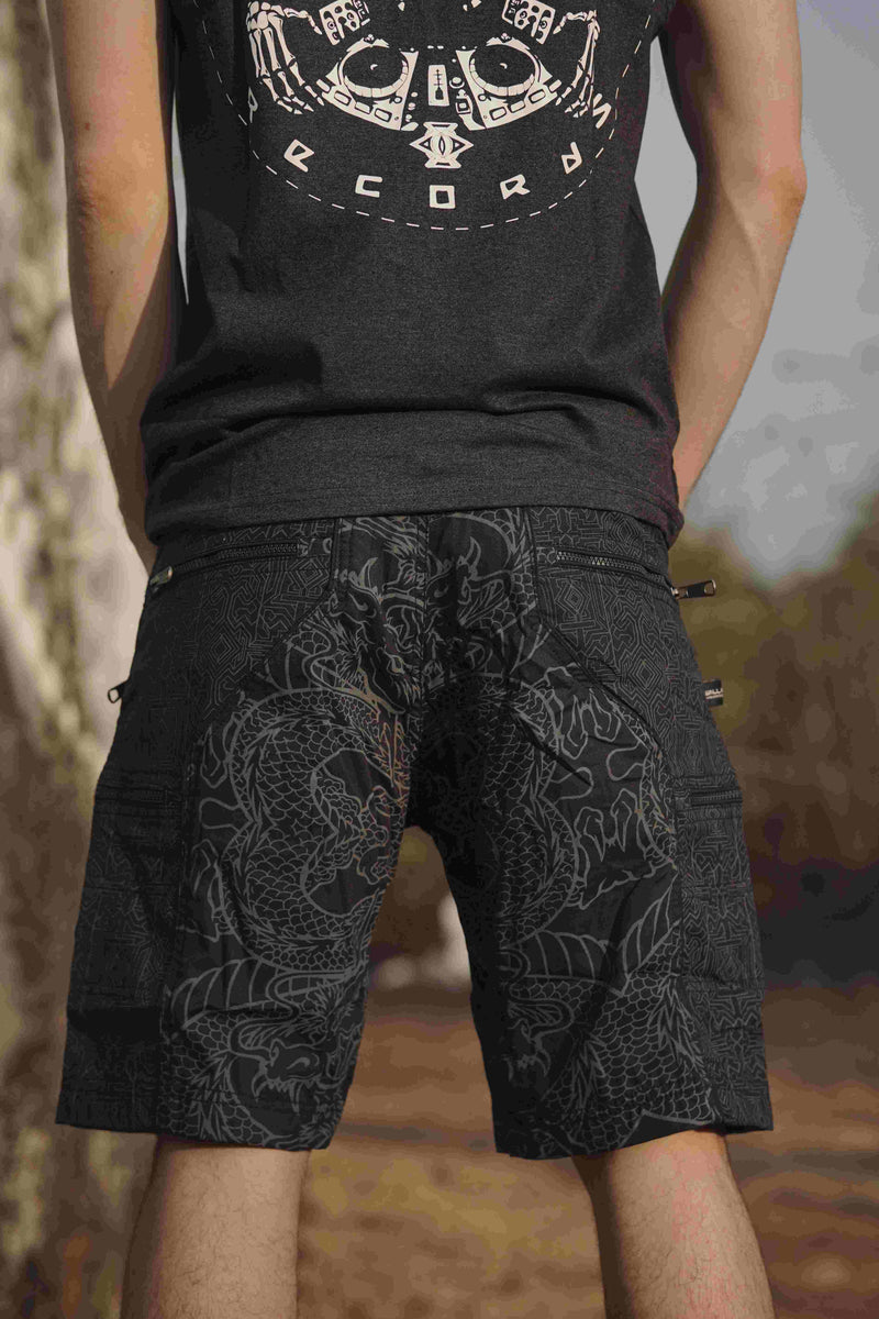 Dragon Codex - NY Black Men's Utility Cargo Shorts | Dragon Print Up Knee Shorts