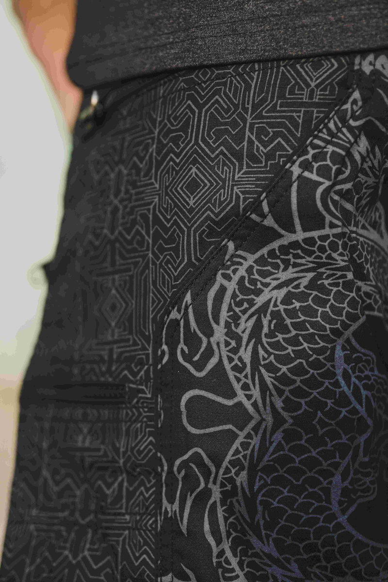 Dragon Codex - NY Black Men's Utility Cargo Shorts | Dragon Print Up Knee Shorts