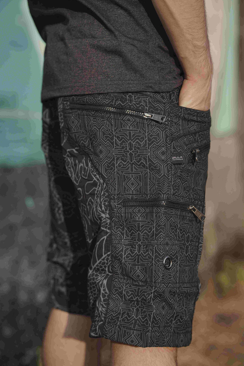 Dragon Codex - NY Black Men's Utility Cargo Shorts | Dragon Print Up Knee Shorts