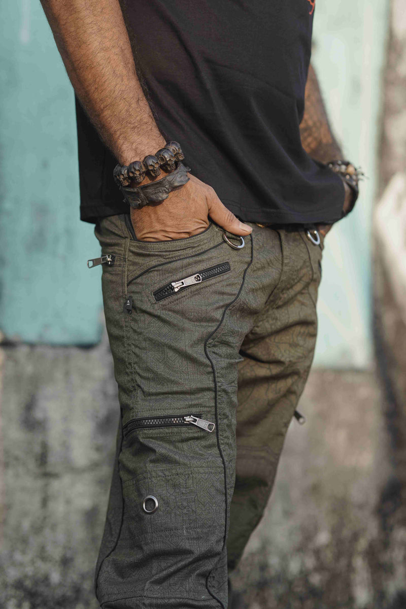 Dragon Codex - Olive Khaki NY Men's Utility Cargo Pants | Abstract Print Pants