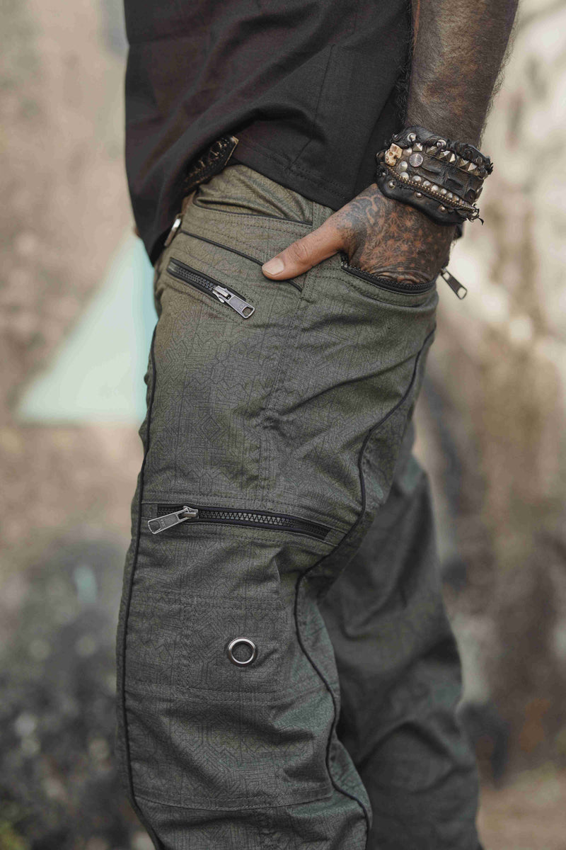 Dragon Codex - Olive Khaki NY Men's Utility Cargo Pants | Abstract Print Pants