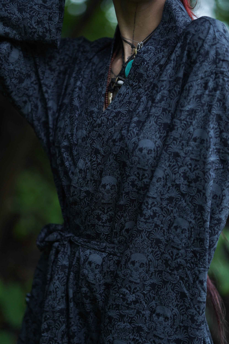 CANCUN SKULL | Women's Viscose Printed BurningMan Kimono Floral Skulls Pattern
