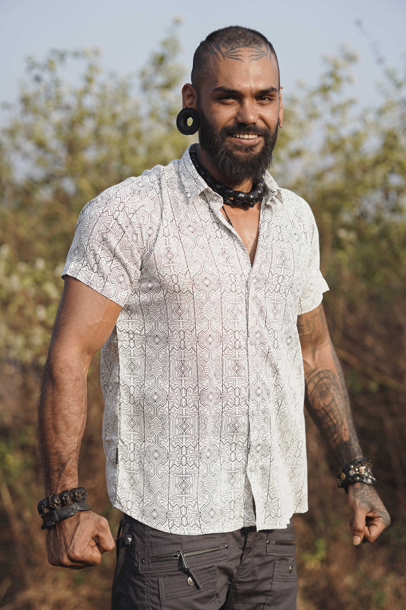 MAGMA CODEX - White Screenprint Shirt | Men's Viscose Geometric Shirt