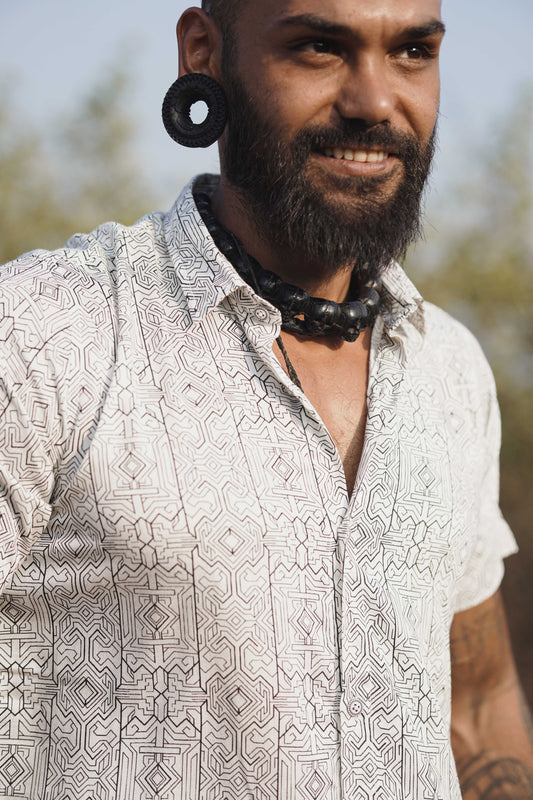 MAGMA CODEX - White Screenprint Shirt | Men's Viscose Geometric Shirt