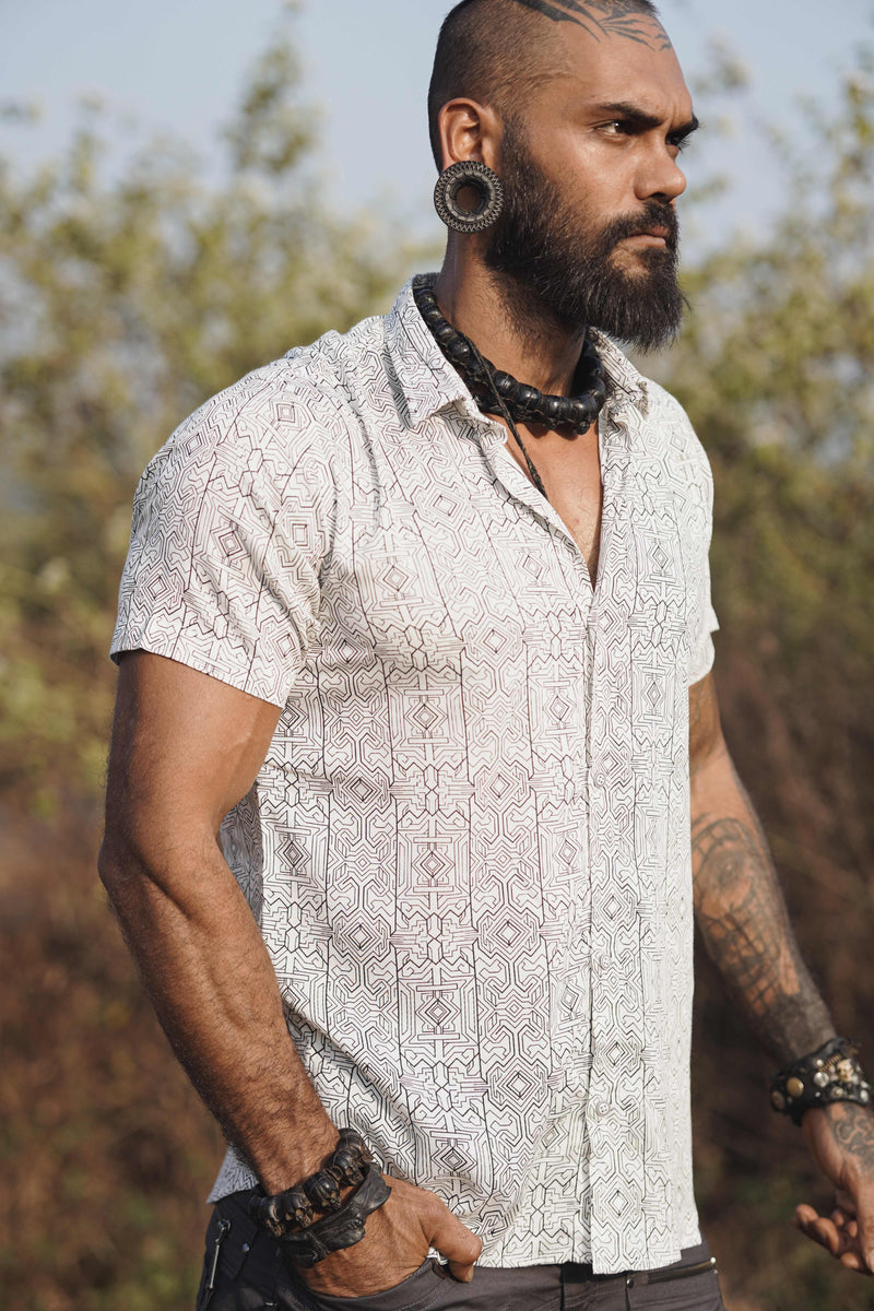 MAGMA CODEX - White Screenprint Shirt | Men's Viscose Geometric Shirt