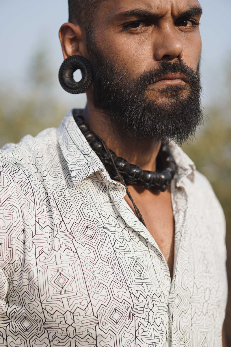 MAGMA CODEX - White Screenprint Shirt | Men's Viscose Geometric Shirt