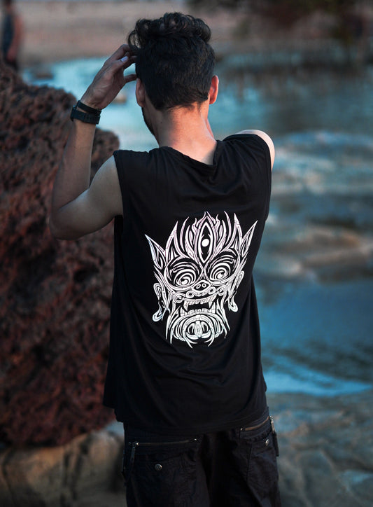 ATMAN-SPHERE | Men's Black Tank Top | Tribal Print Graphic Sleeveless Vest Mens