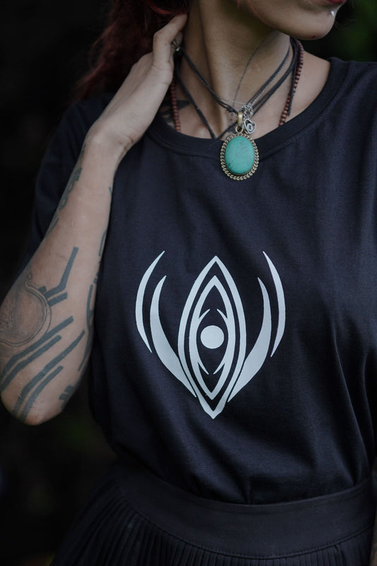 ATMAN-SPHERE | Women's Black Crop Top | Pixie Festival Tribal Print Graphic Tees