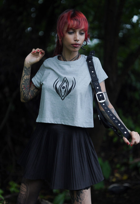 ATMAN-SPHERE | Women's Grey Crop Top | Pixie Festival Tribal Print Graphic Tees