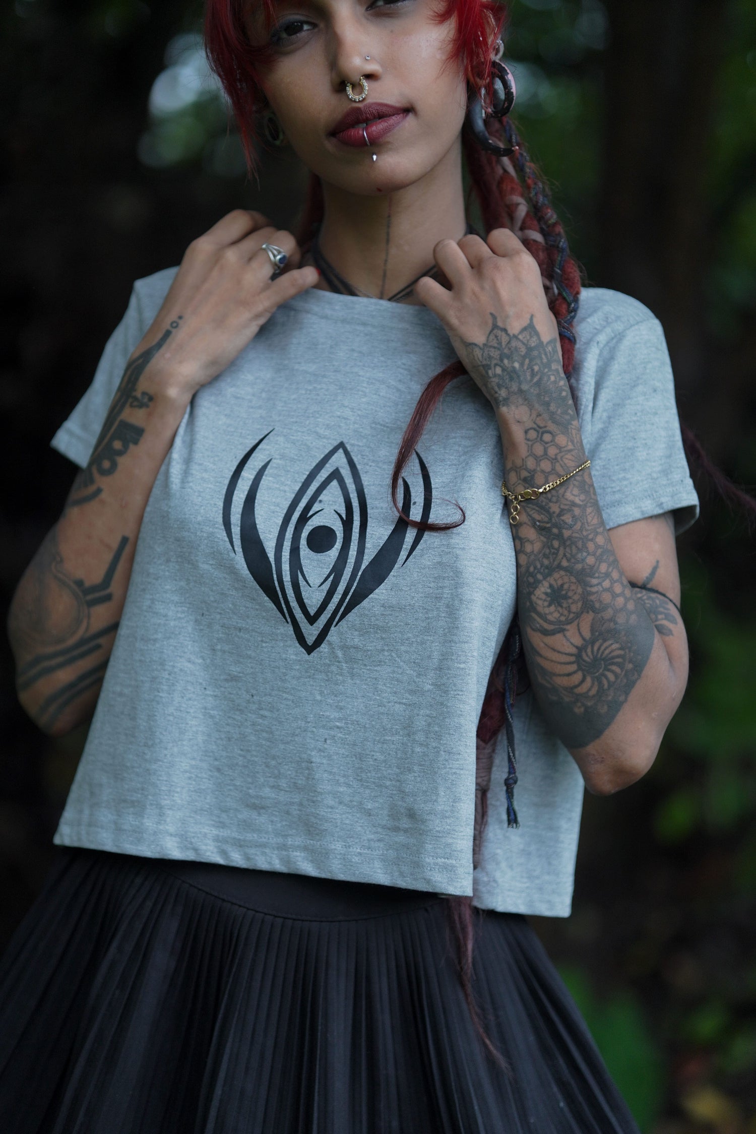 ATMAN-SPHERE | Women's Grey Crop Top | Pixie Festival Tribal Print Graphic Tees