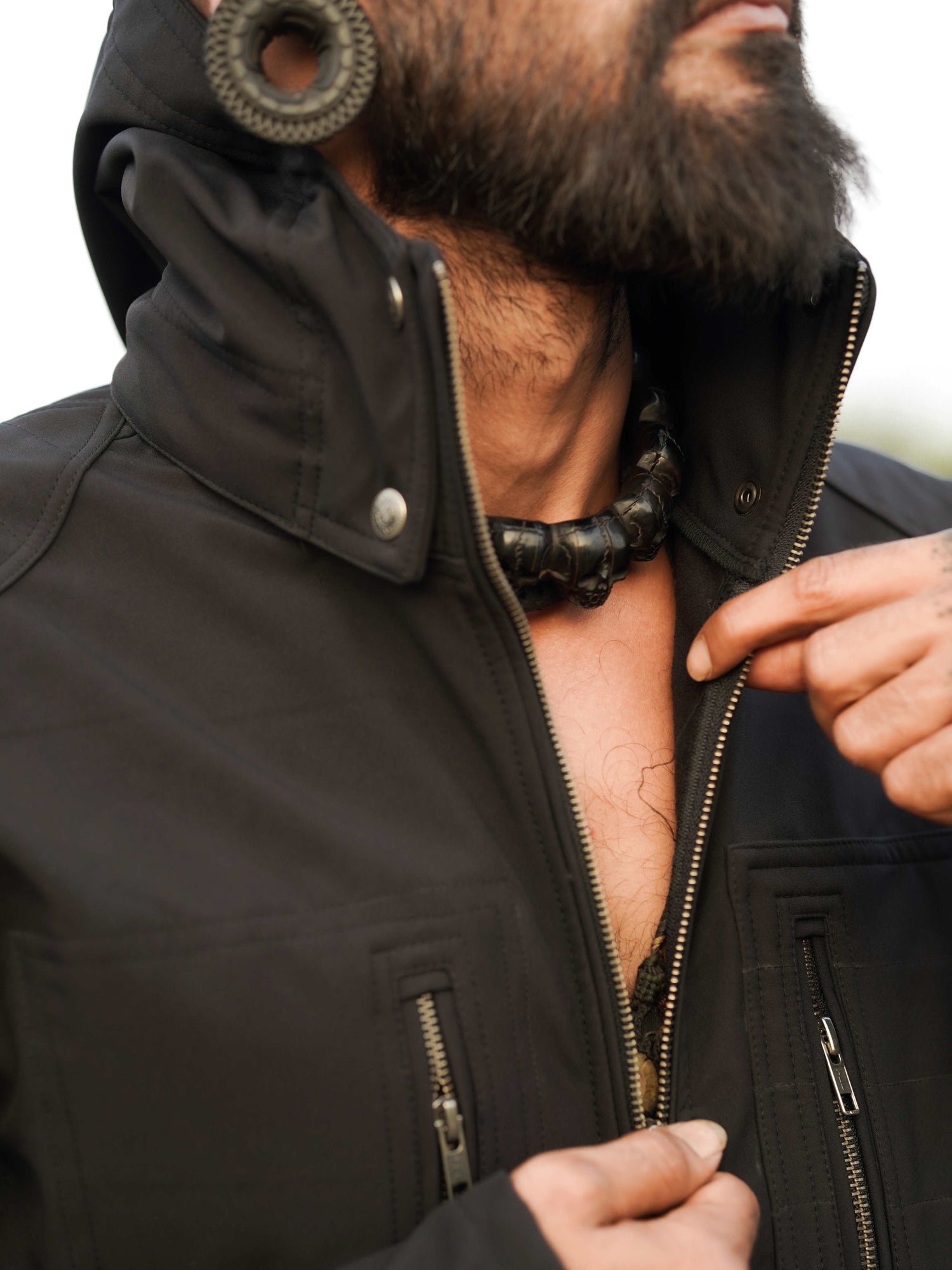 mens waterproof windproof jacket black front zipper view gore tex shell