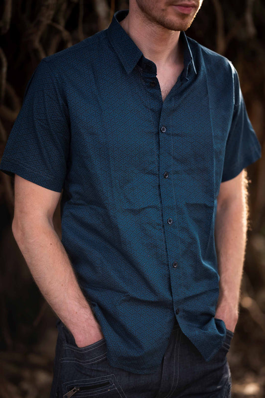 BLUE VORTEX - Bamboo Fabric Short Sleeve Button-up Shirt for Men