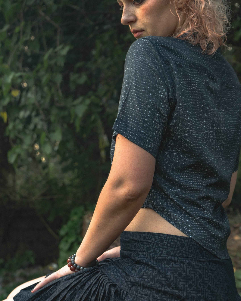 BLACK ILLUSION | Bamboo Fabric Women's Crop Shirt | Psychedelic Kaleidoscope Top