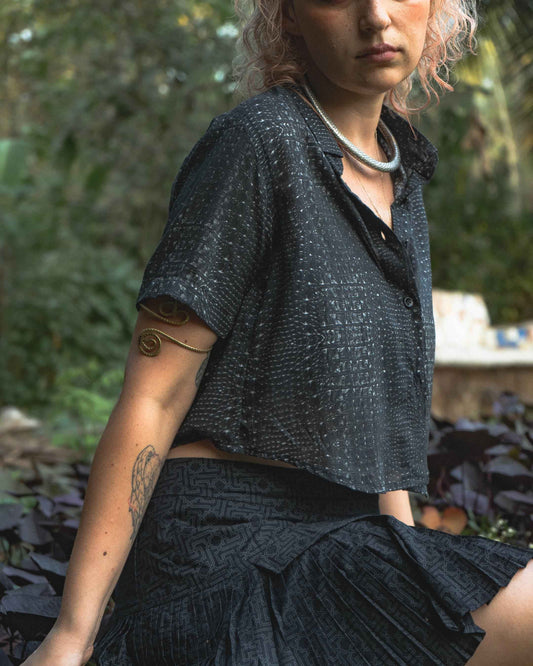 BLACK ILLUSION | Bamboo Fabric Women's Crop Shirt | Psychedelic Kaleidoscope Top