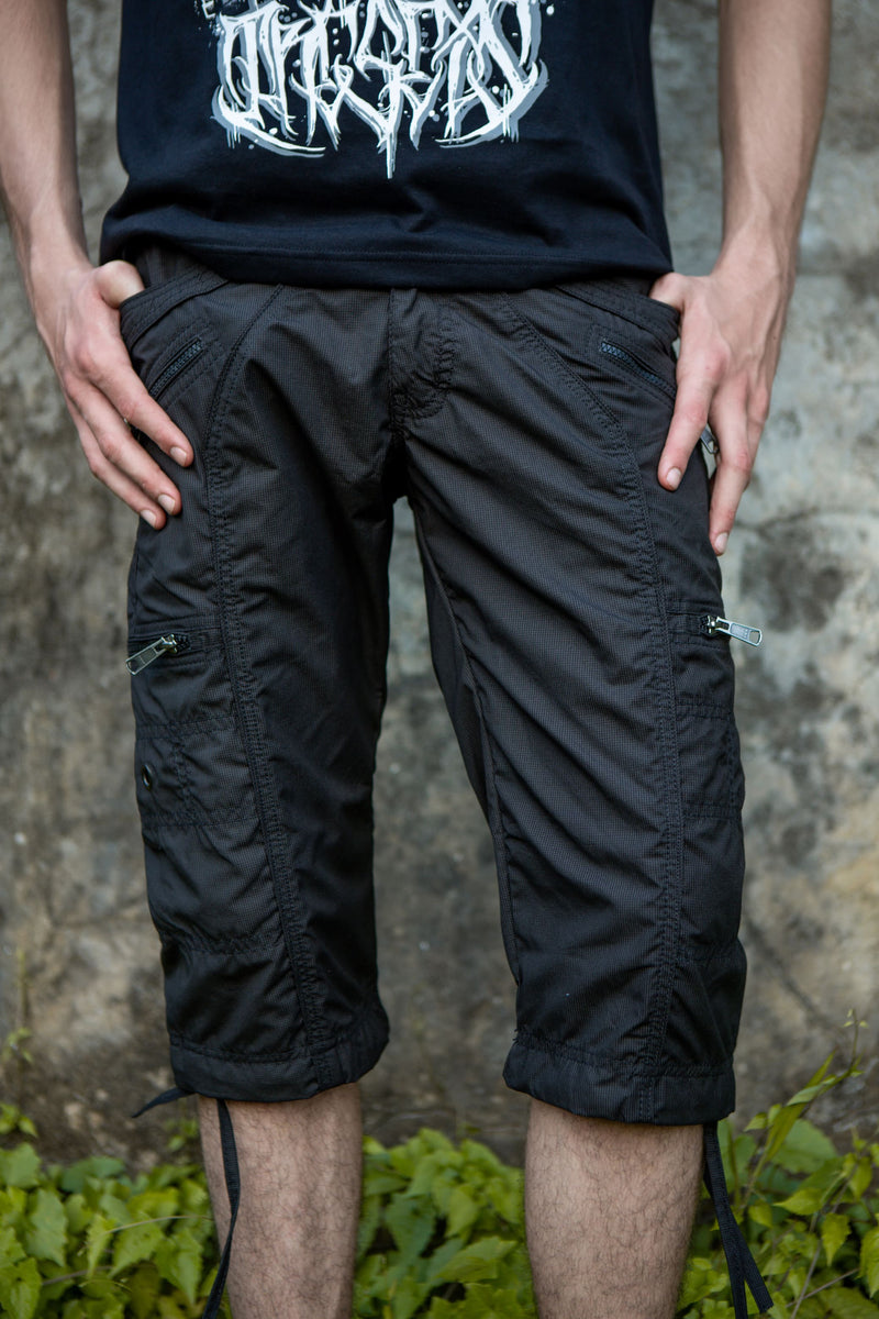 Black Mini Checks NY 3/4 Cargo Shorts | Post-Apocalyptic Steampunk Shorts