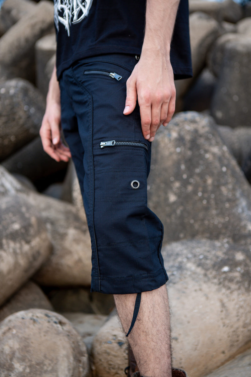 Black NY 3/4 Cargo Shorts | Post-Apocalyptic Steampunk Shorts