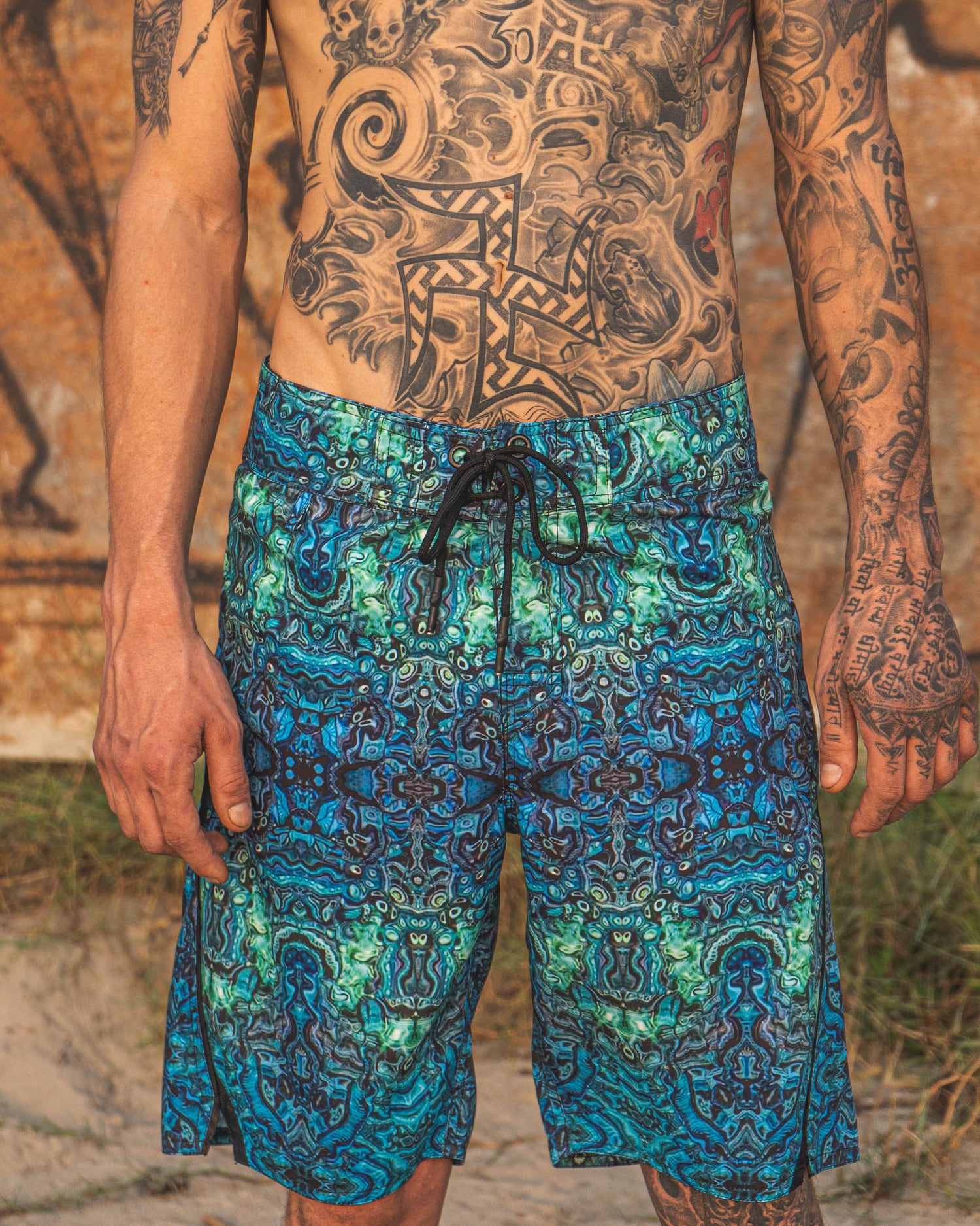 Rave festival board shorts for men with psychedelic print