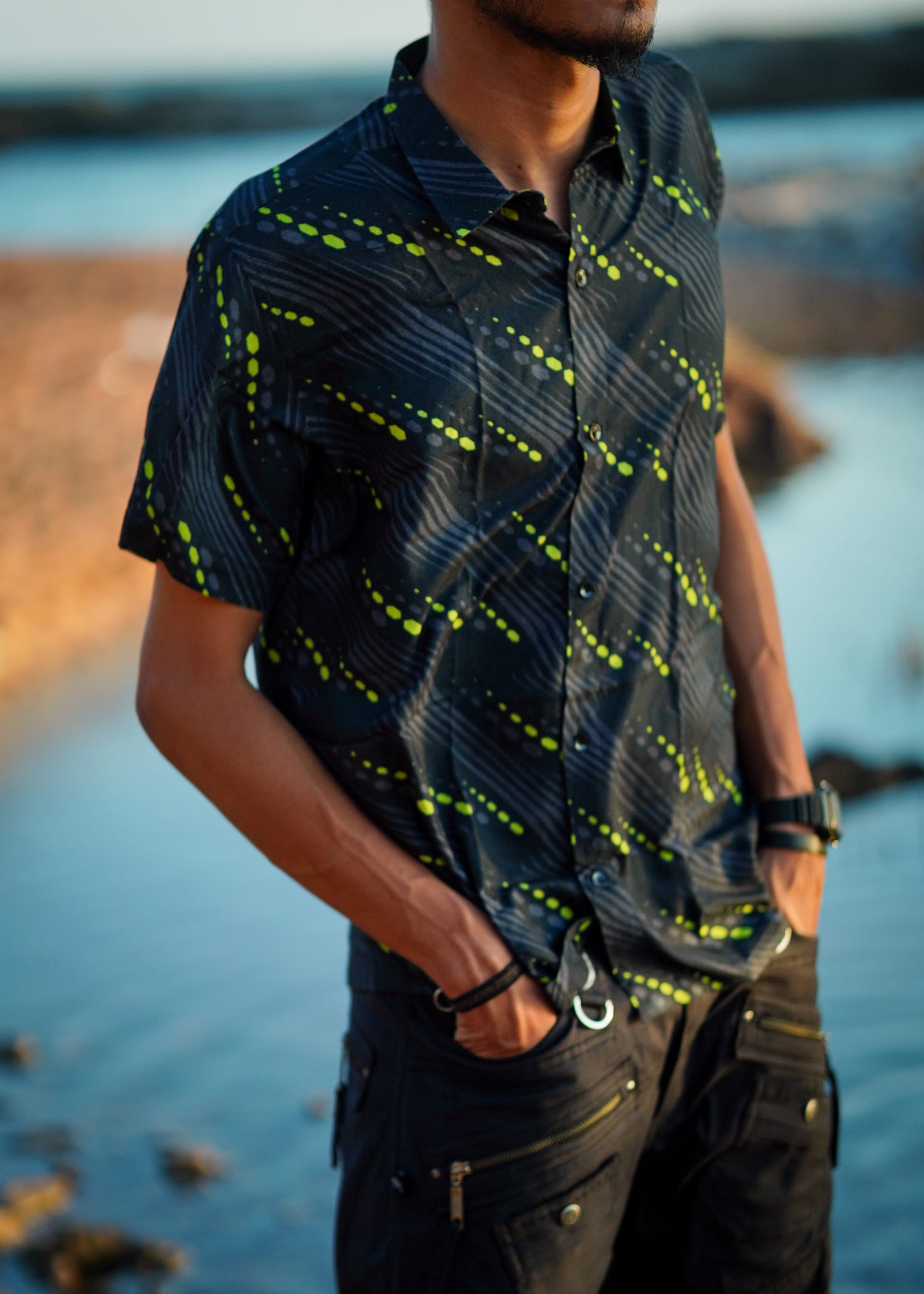 Model wearing Walla’s futuristic printed viscose button up shirt