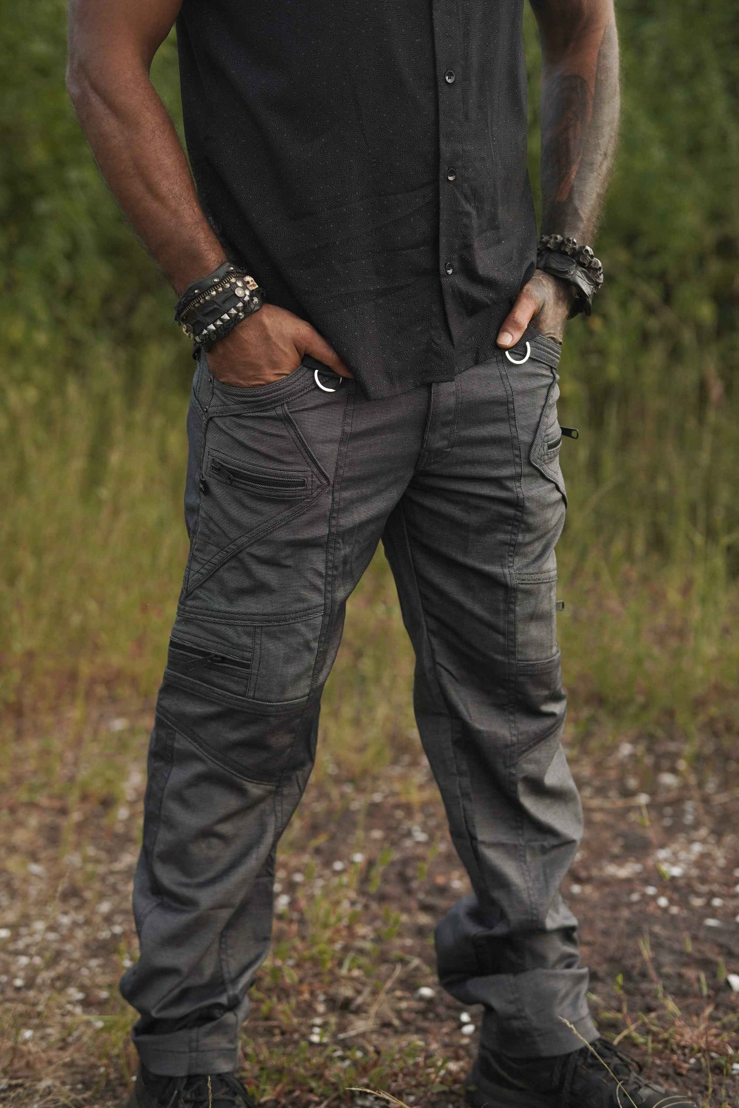 Techwear-inspired stretch cargo pants for men by Walla Enterprises