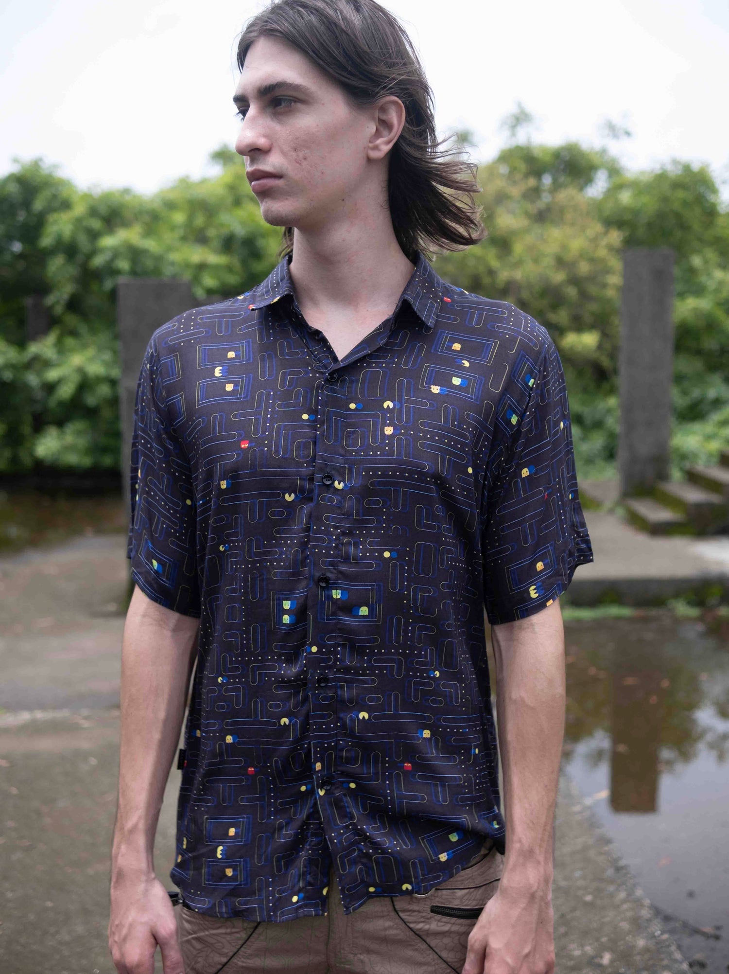 Pac man Glitch – Bamboo Lightweight Summer Shirt for Men |Glitch Gamer Digital Print Art Wear Shirt