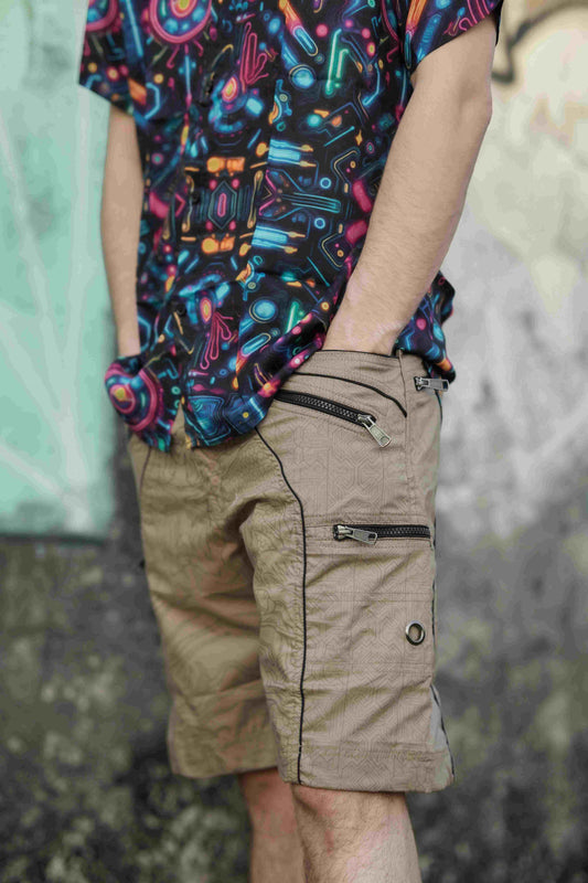 Dragon Codex - Caramel Beige NY Men's Cargo Shorts | Dragon Print Up Knee Shorts