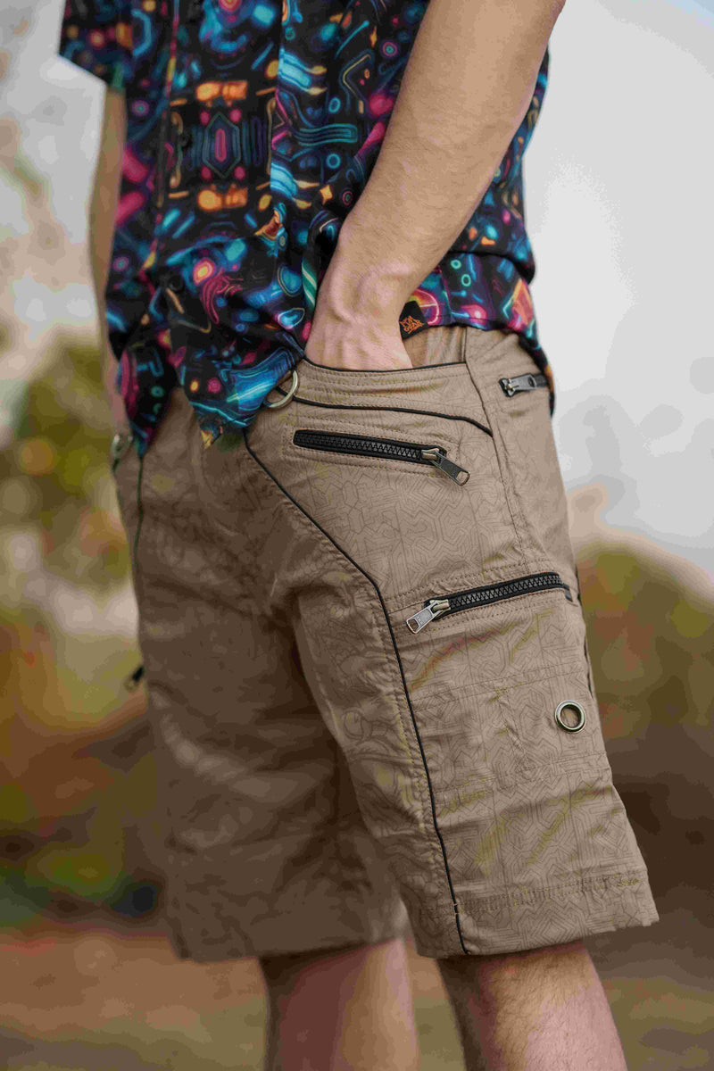 Dragon Codex - Caramel Beige NY Men's Cargo Shorts | Dragon Print Up Knee Shorts