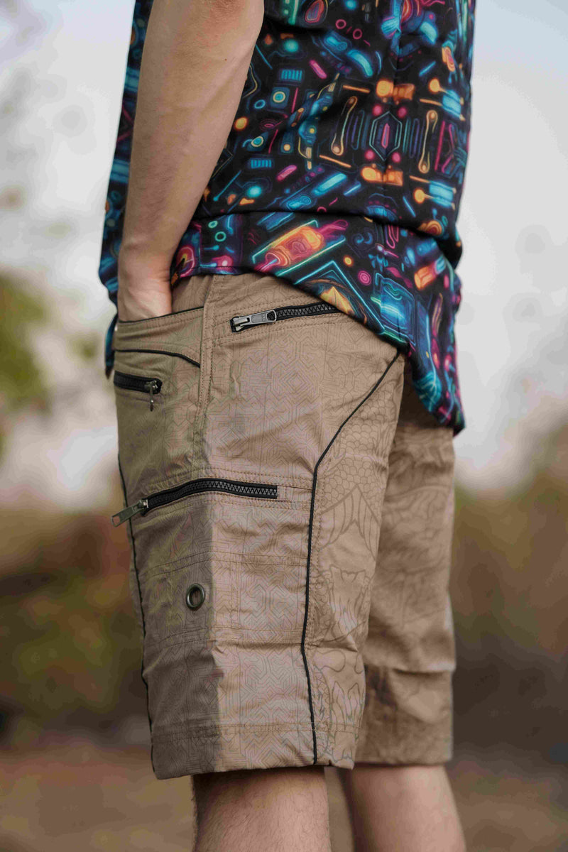 Dragon Codex - Caramel Beige NY Men's Cargo Shorts | Dragon Print Up Knee Shorts