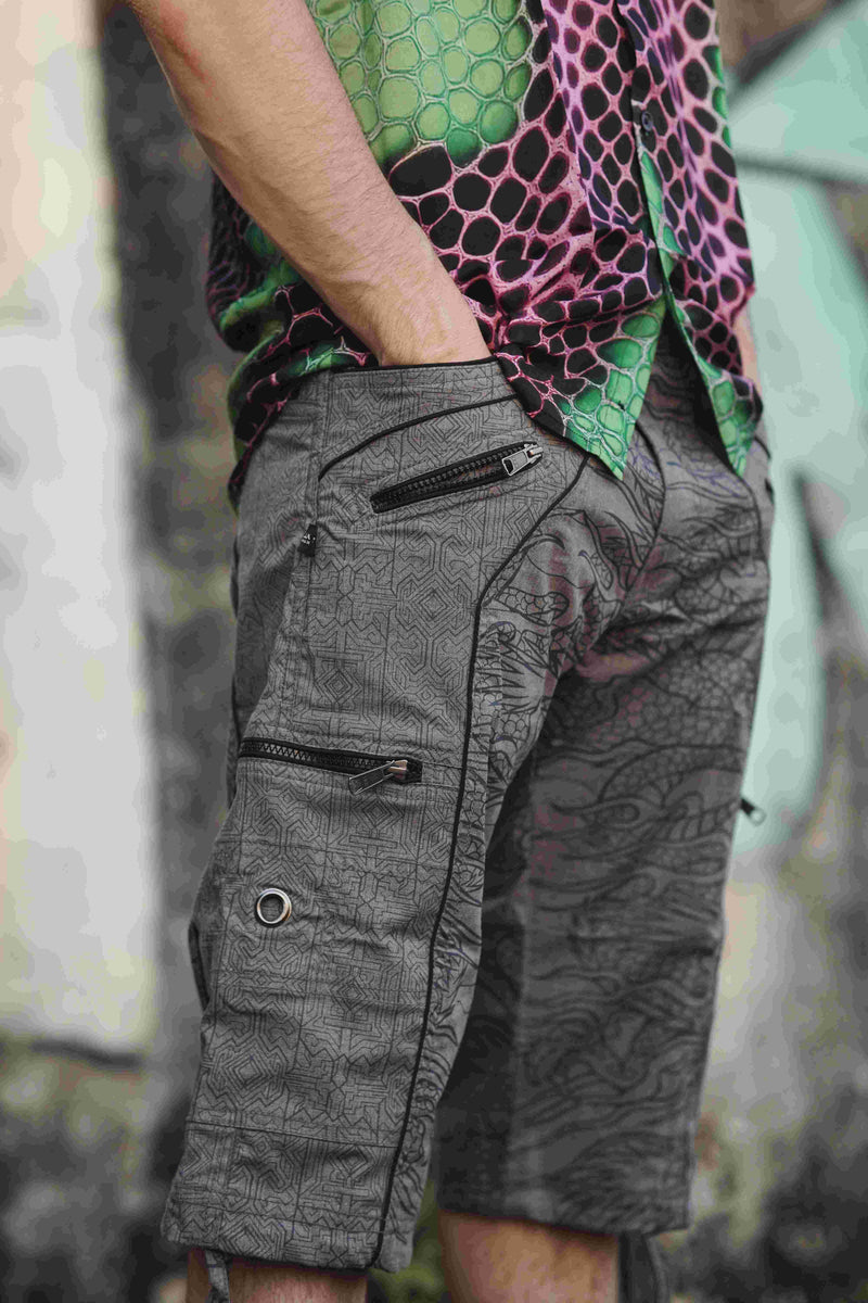 Dragon Codex - Off Grey NY Men's Cargo Shorts Dragon Print Shorts
