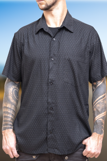 FLOWER OF LIFE -Black Men's Short Sleeve Geometric Print Party-Wear Shirt