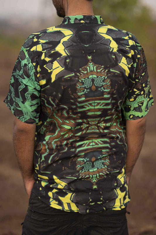 Back view of men’s bamboo psychedelic shirt with green geometric print