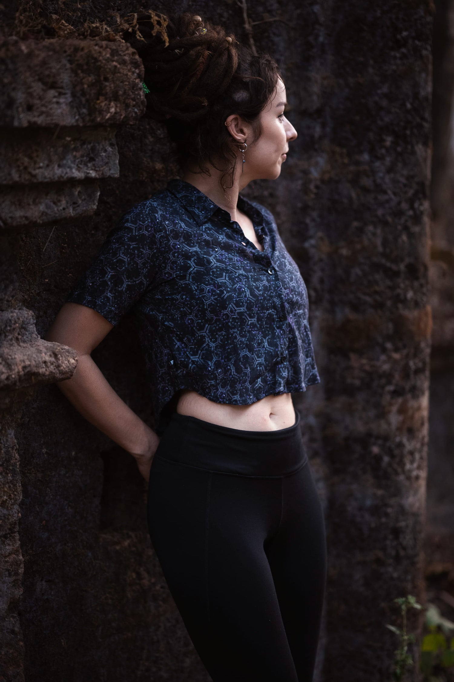 HEXAGON DWELL | Bamboo Fabric Women's Crop Shirt | Festival Pixie Printed Shirt