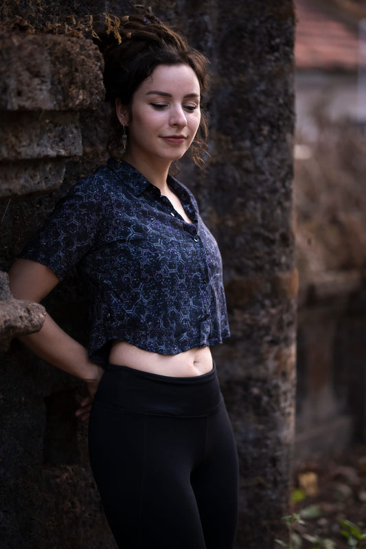 HEXAGON DWELL | Bamboo Fabric Women's Crop Shirt | Festival Pixie Printed Shirt