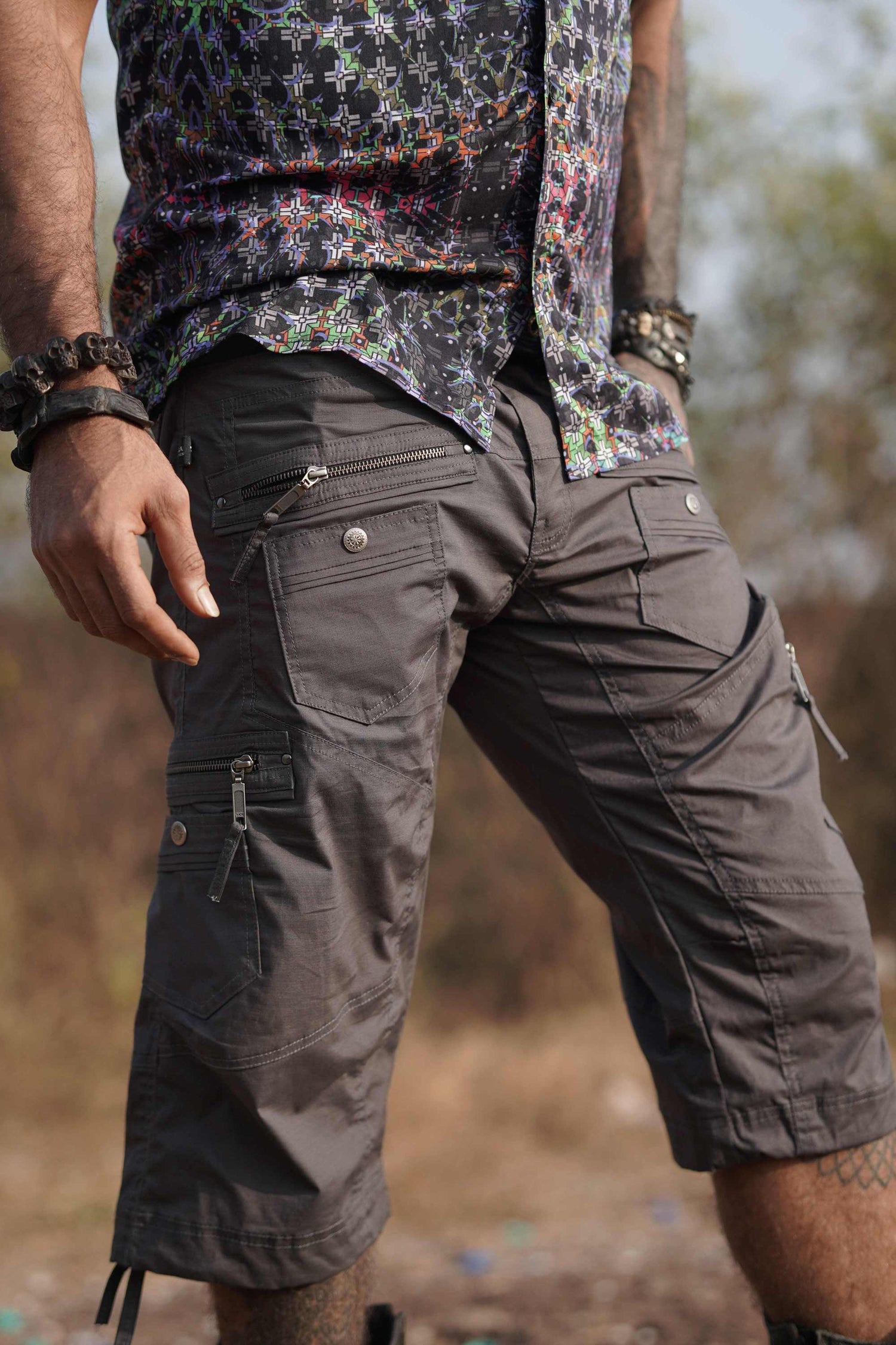 Managa Shorts - Men's Grey Rib Stop Cotton Multi-pocketed Cargo Shorts