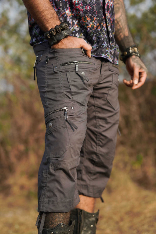 Managa Shorts - Men's Grey Rib Stop Cotton Multi-pocketed Cargo Shorts