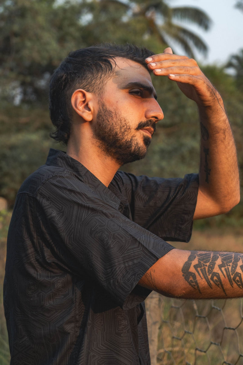 METANOIA | Men's Black Viscose Shirts | Future Cybernetic Print Shirt