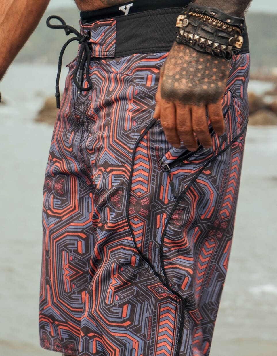 cyberpunk swim shorts men red geometric pattern side zipper pocket