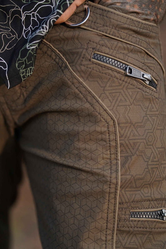 Close-up of durable hardware and brass rivets on cargo street pants