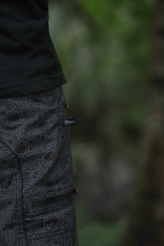 Sacred geometry detail on stretchable cotton cargo trousers