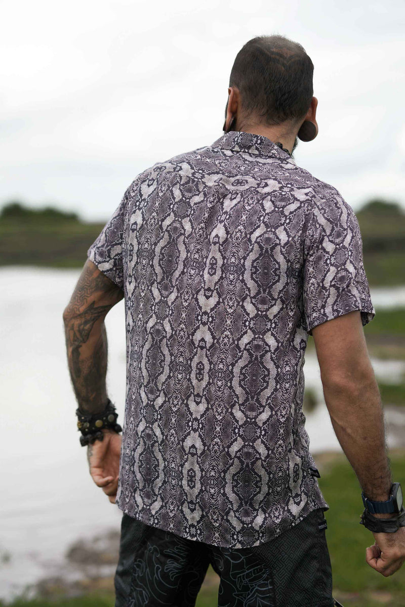 Close-up of Python Swirl bamboo shirt showing python texture pattern