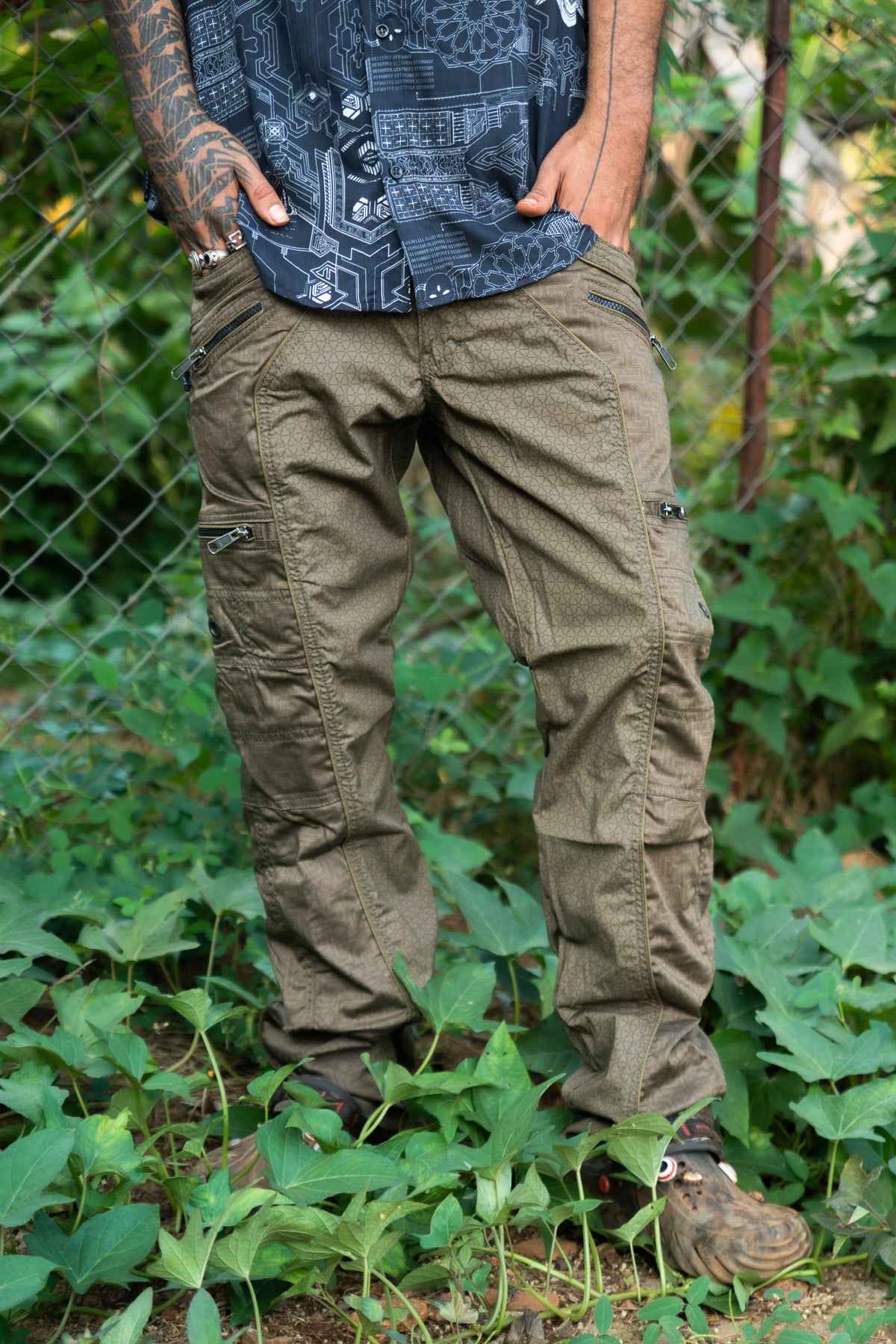 Front view of Shri Yantra festival cargo pants for men in khaki