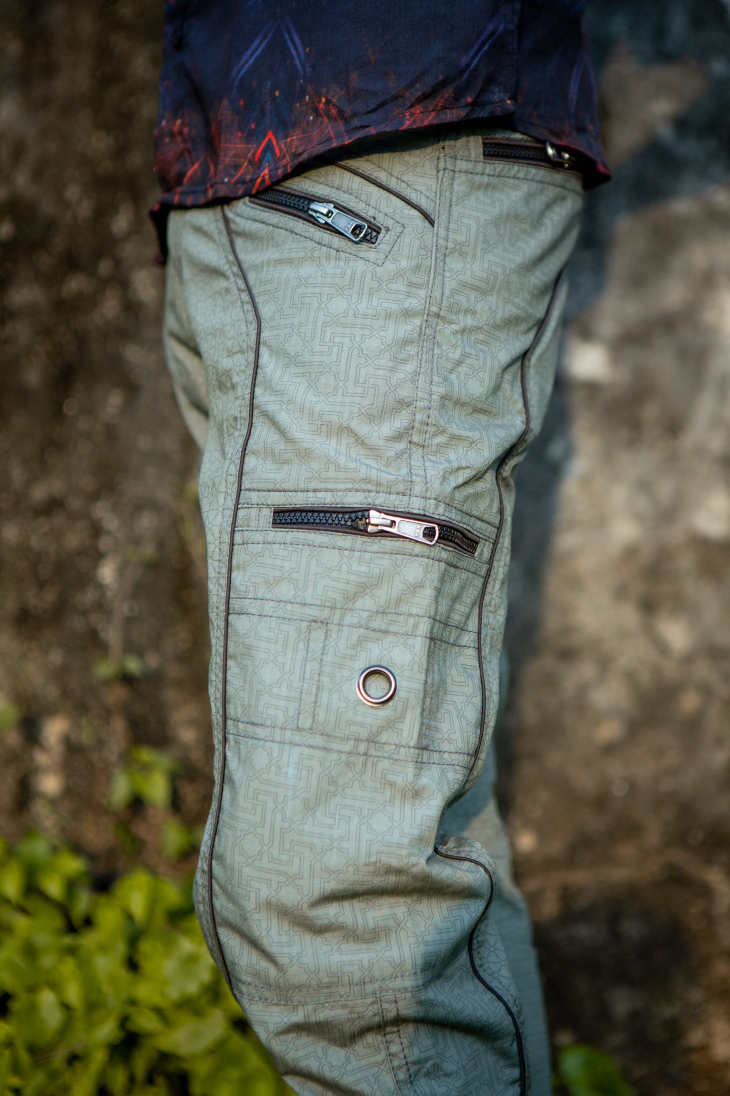 SHRI YANTRA | Men's Light Grey NY Cargo Pants | Rave Festival Biker Trousers