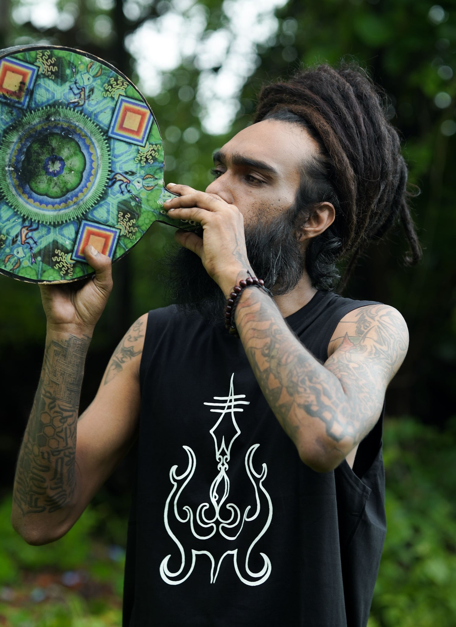 SACRED TRISHUL | Men's Black Tank Top | Shiva Print UV Glow Sleeveless Vest Tops