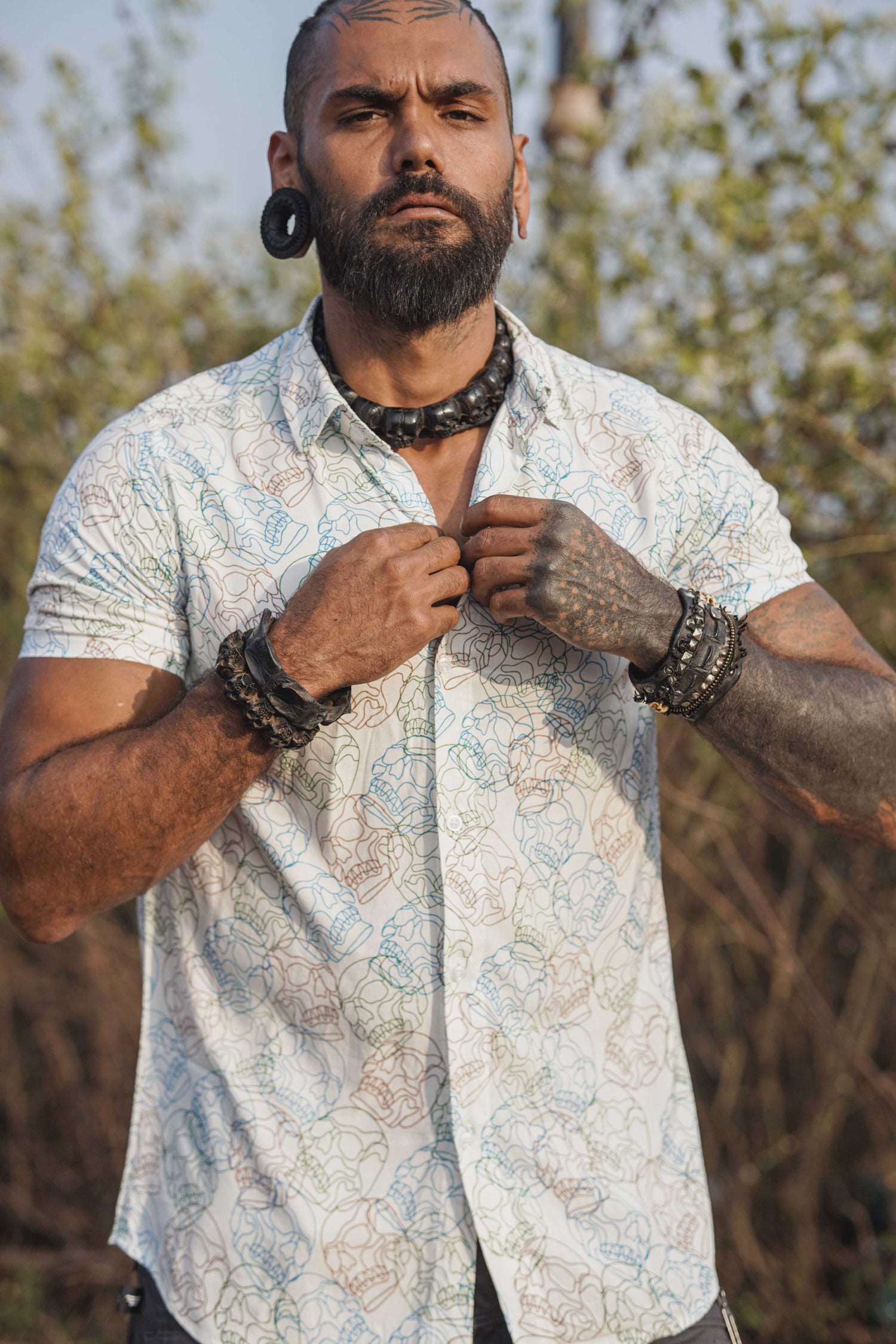 Front view of skull print shirt for men in lightweight viscose fabric