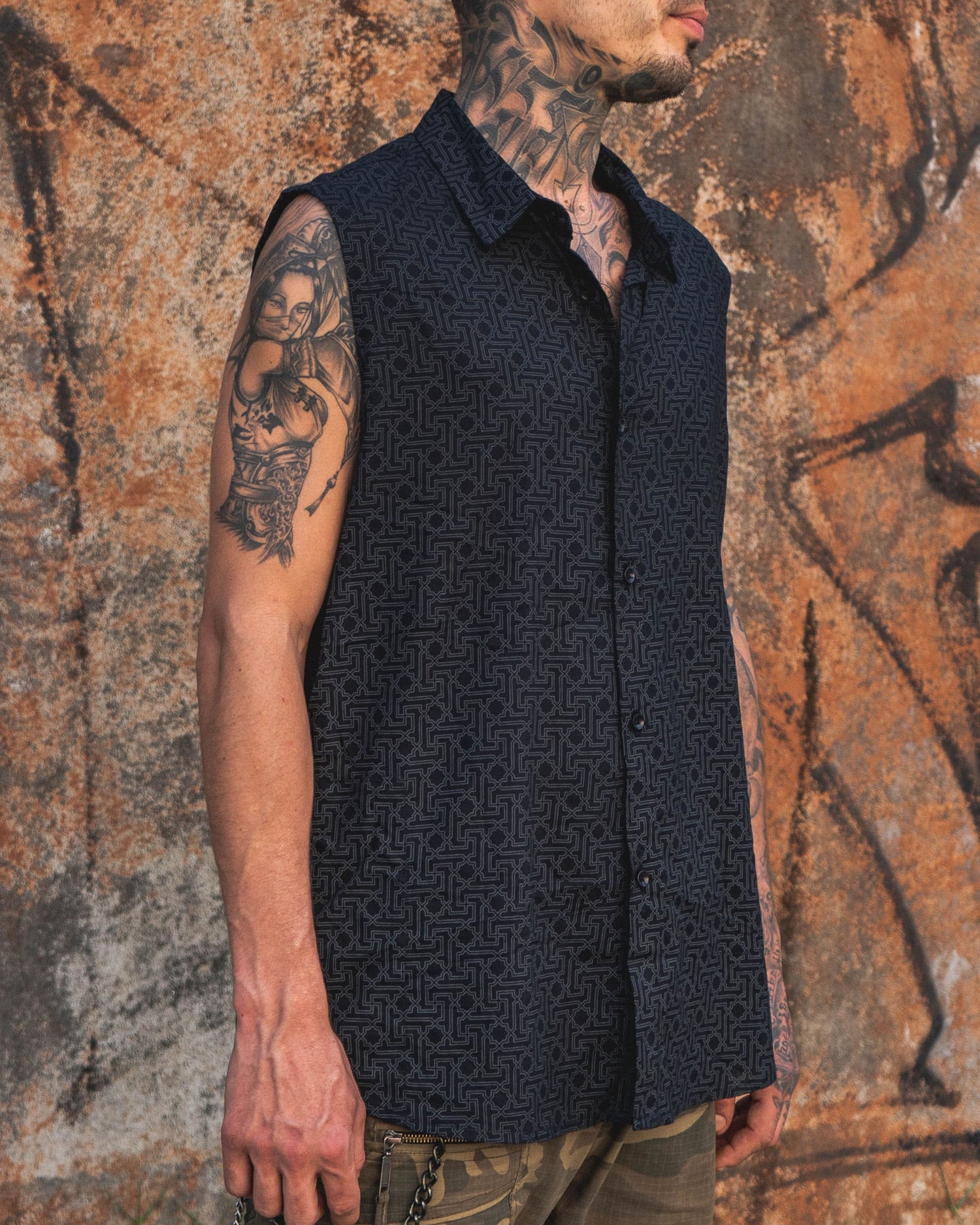 Yantra - Men's Black Sleeveless Shirt | Geometric Print Viscose Shirt