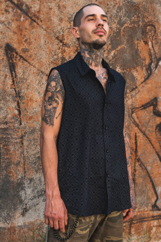 Yantra - Men's Black Sleeveless Shirt | Geometric Print Viscose Shirt