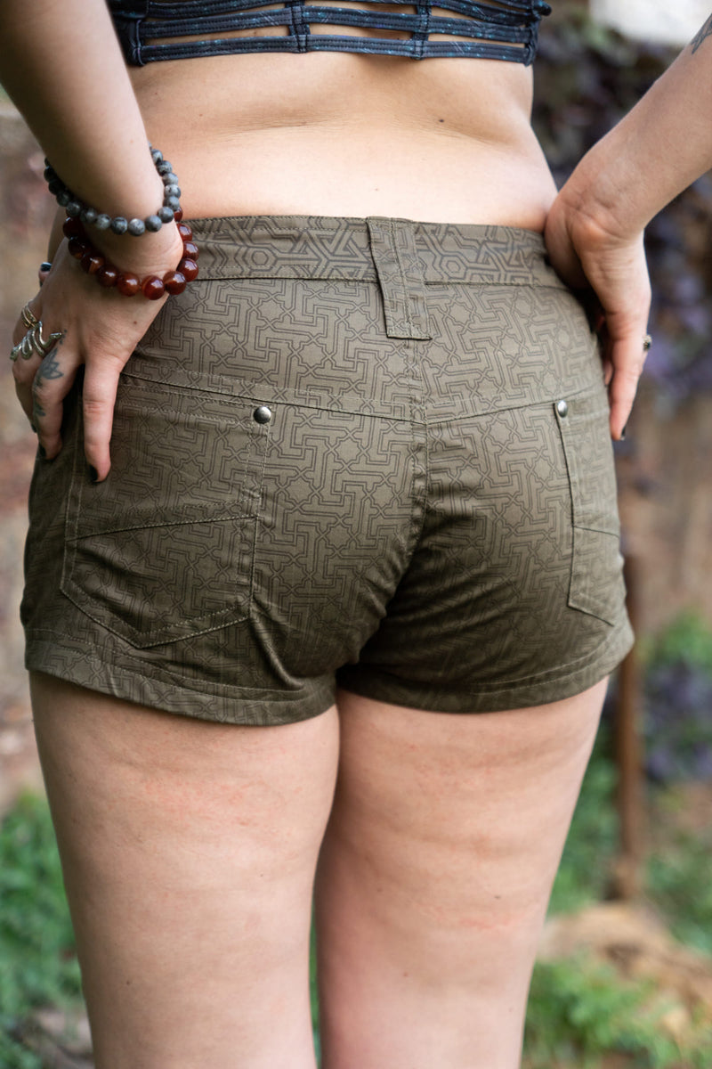 YANTRA | Women's Beige Khaki NY Shorts | Hot Pants with Sacred Geometry Print
