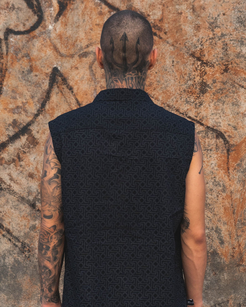 Yantra - Men's Black Sleeveless Shirt | Geometric Print Viscose Shirt