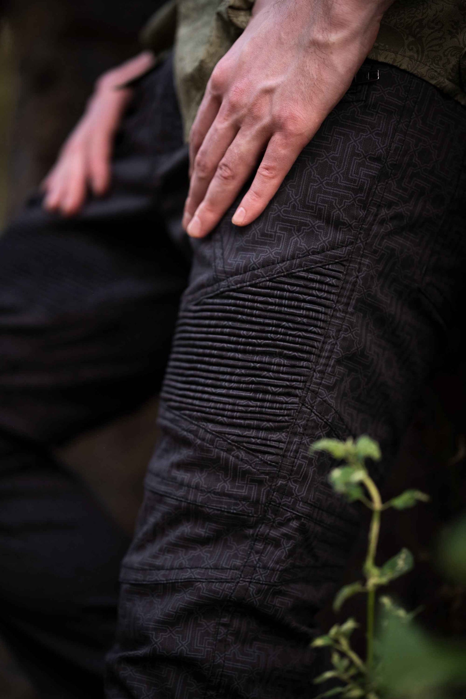 Sacred geometry pants for men in black cotton with utility pockets