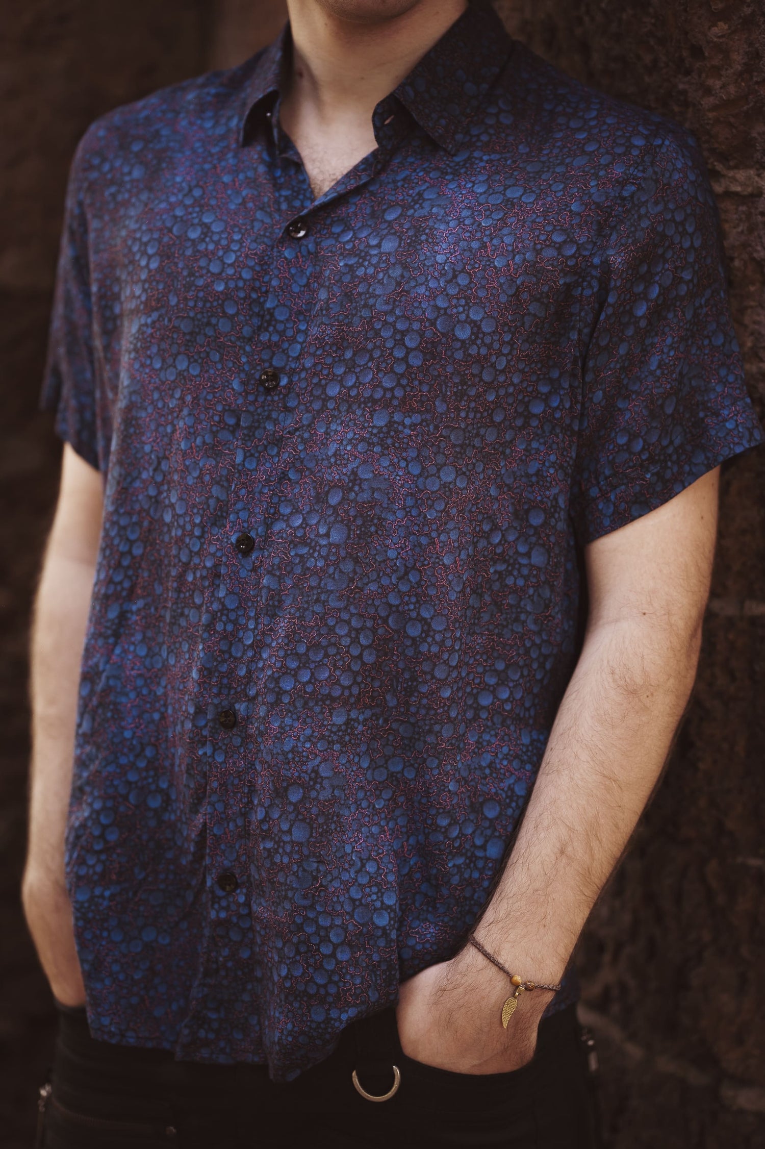Blue Occult bamboo fabric shirt for men – short sleeve button-up with psychedelic print